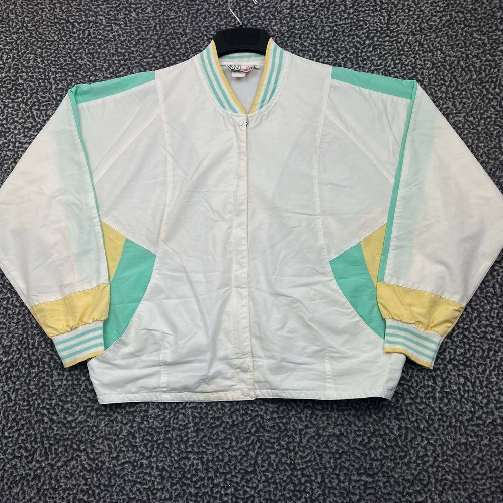 Vintage‎ Bay Club Bomber Jacket Women 14 White Snap Button Long Sleeve